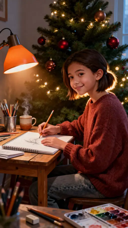 Teen Drawing at Christmas — Warm Cozy Scene