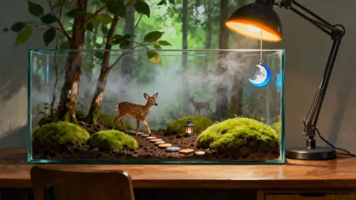 Terrarium forest under desk lamp