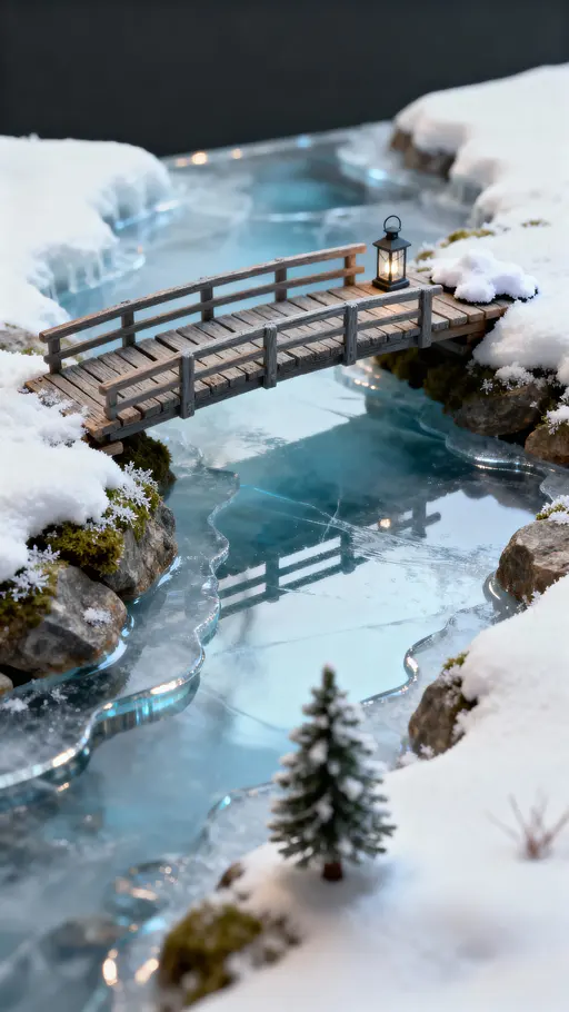 Tiny bridge over frozen river diorama