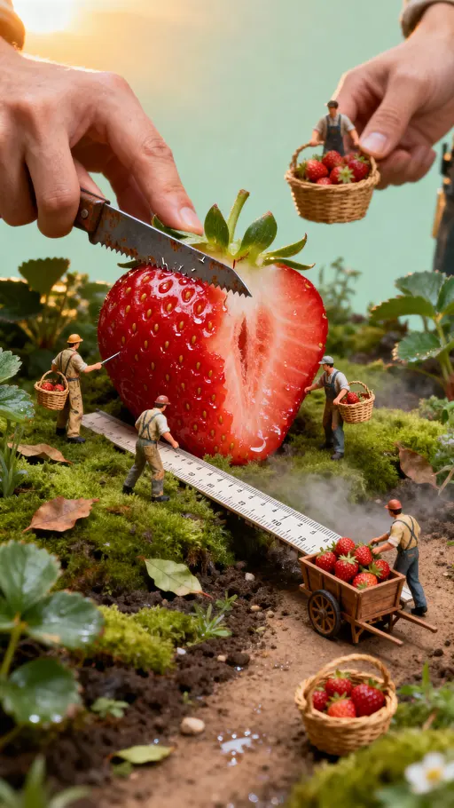 Tiny construction workers harvesting strawberry
