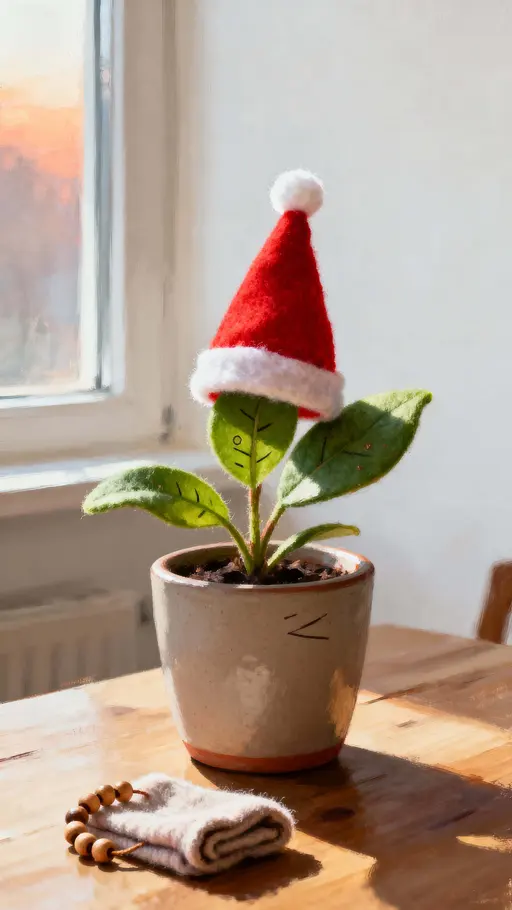 Tiny plant with mini Santa hat