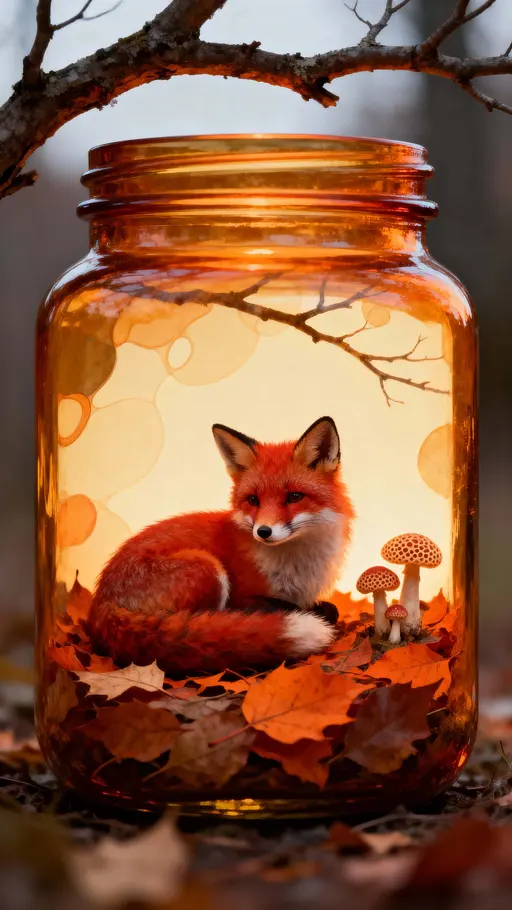 Tiny red fox curled in amber jar