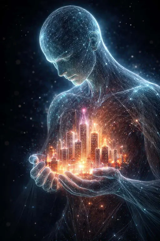 Translucent Figure Cradles Luminous City Within