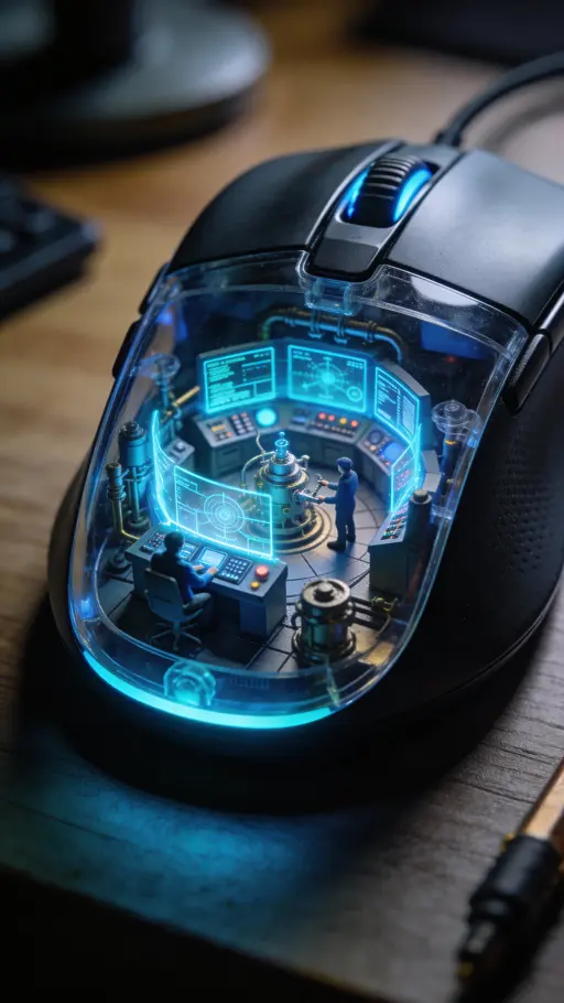 Transparent Mouse Revealing Miniature Control Room