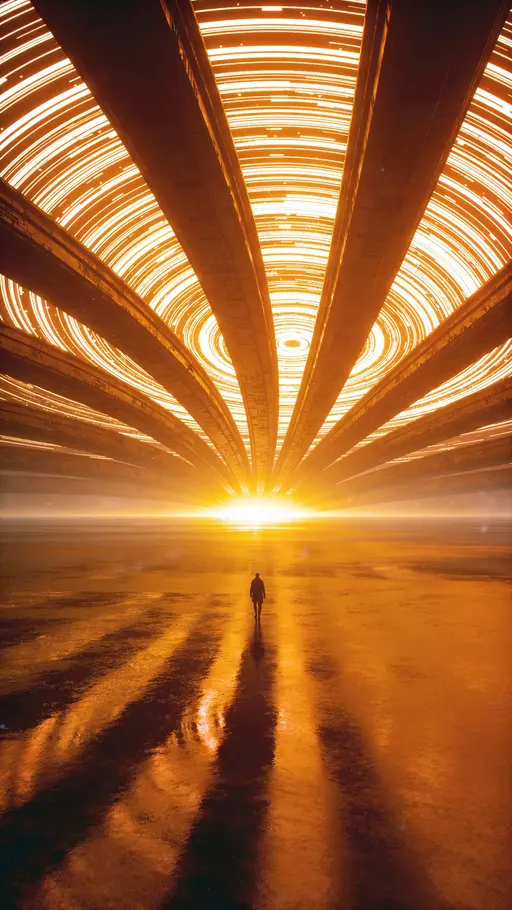 Traveler walking toward golden horizon