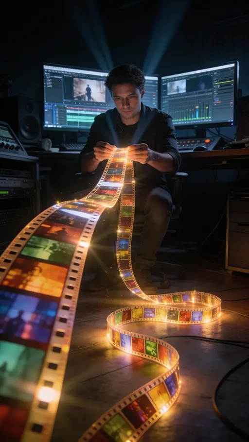 Video editor in surreal night studio