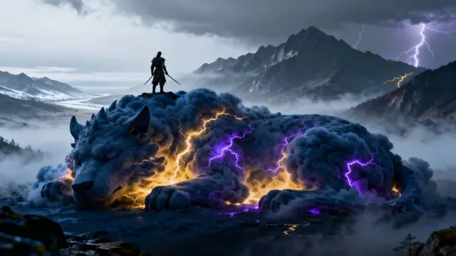 Warrior atop storm-cloud beast overlooking mountains