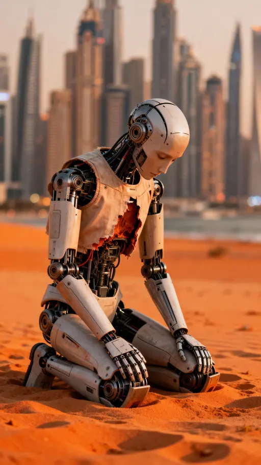 Weathered Android at Sunset — 1970s Sci‑Fi Portrait