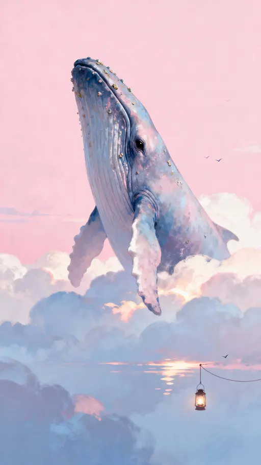 Whale flying in pink sky poster