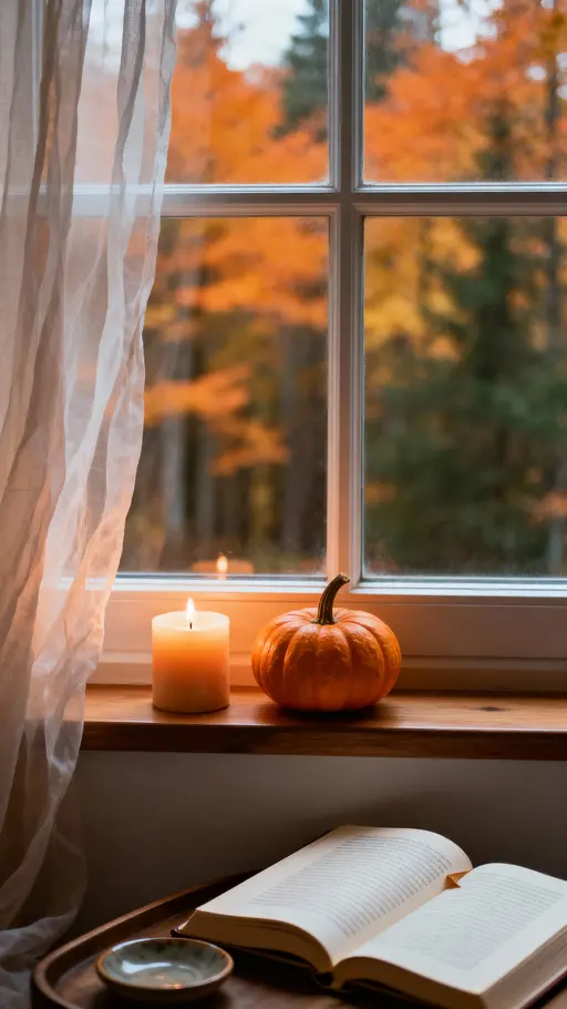 Windowsill still life with autumn view