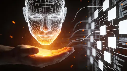 Wireframe Half-Human Face Above Hand