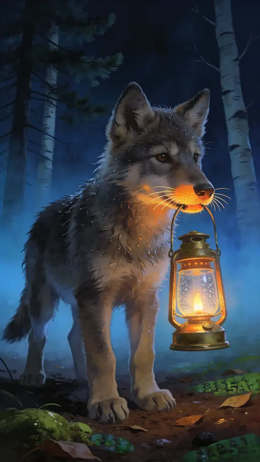 Wolf Pup with Lantern, Realistic Night