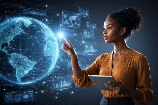 Woman interacting with holographic data visualization