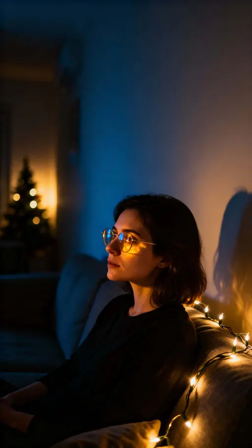 Woman sitting on couch at night