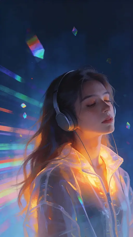 Woman with headphones in dreamspace