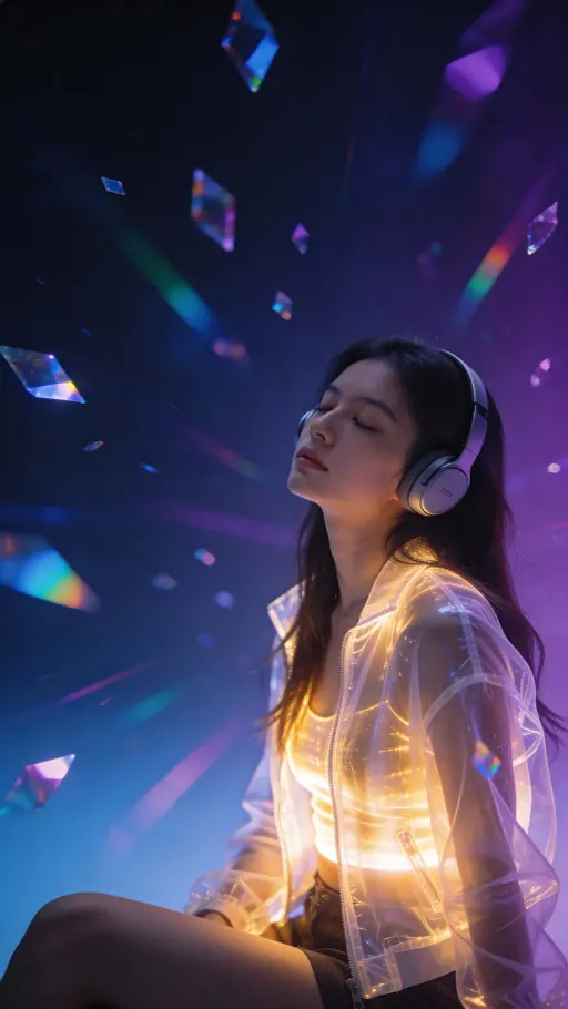 Woman with Headphones in Futuristic Scene