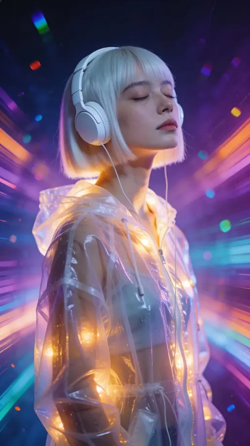 Woman with platinum bob in neon