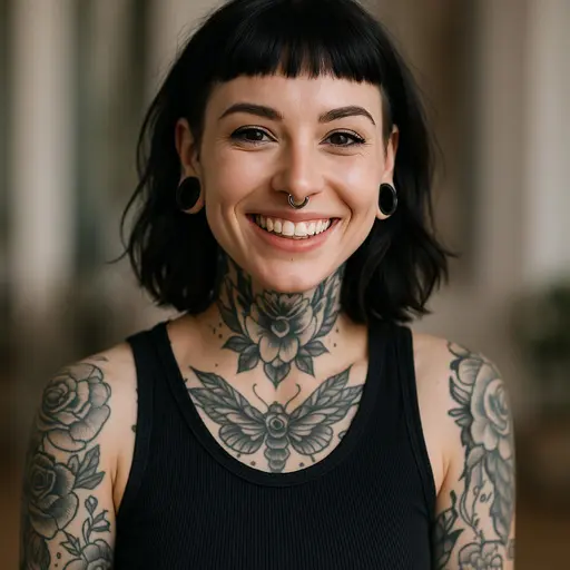 Woman with tattoos, happy portrait