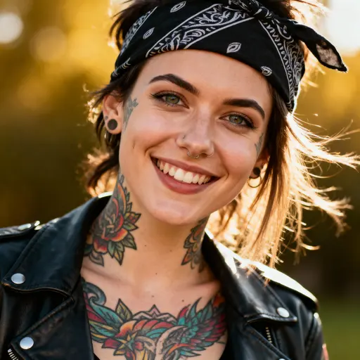 Woman with tattoos, smiling portrait