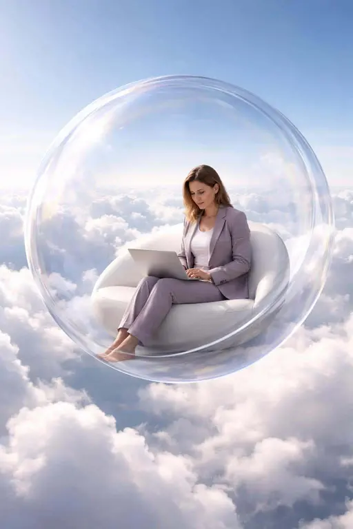 Woman Working in Floating Bubble Pod Above Clouds