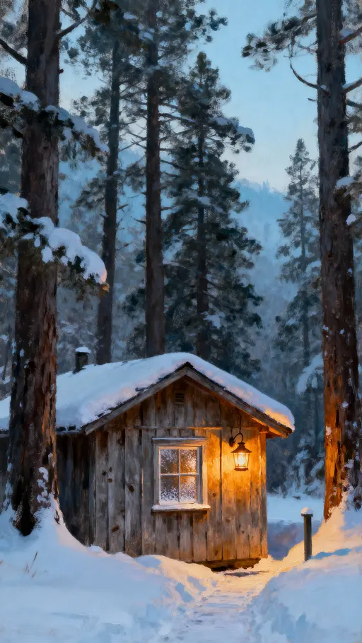 Wooden Cabin in Snowy Forest Vertical