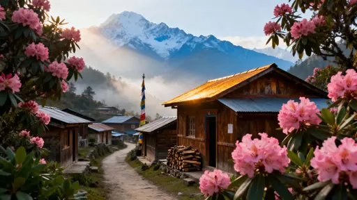 Wooden village with rhododendrons and mountains