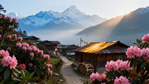Wooden village with rhododendrons and mountains