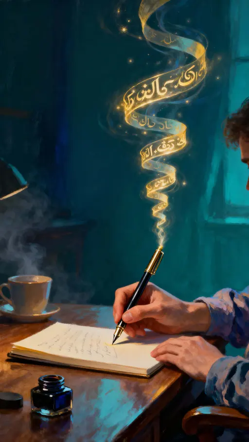 Writer with glowing helix text