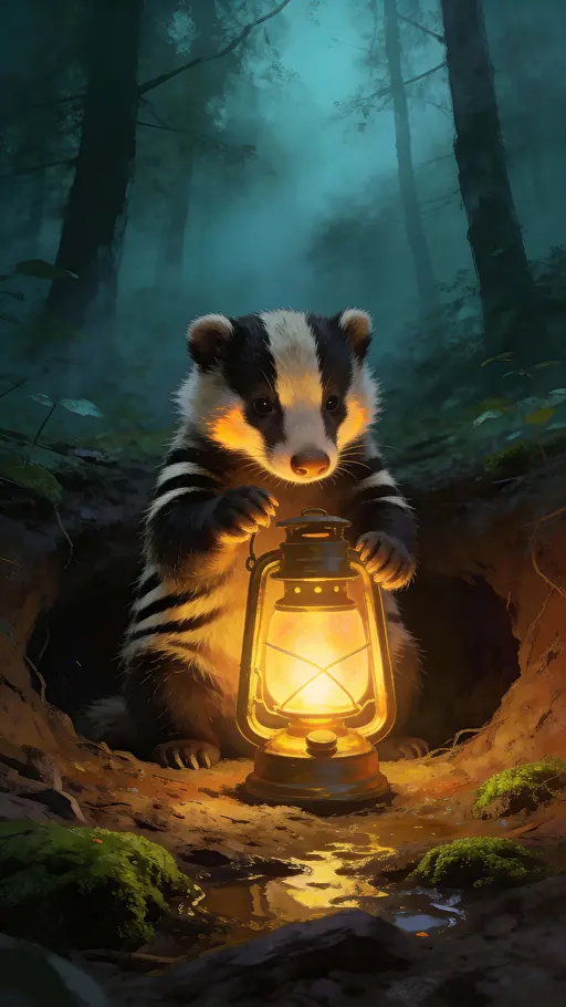 Young badger with lantern in forest