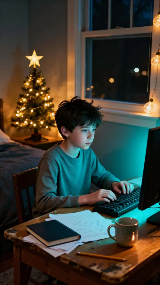 Young boy at desk, nighttime intimate