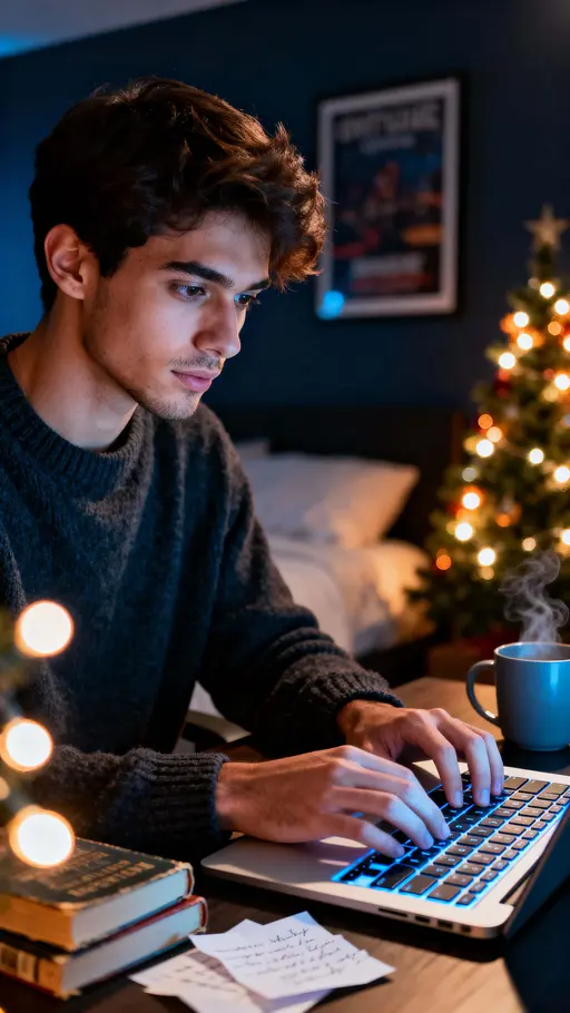 Young man at computer, cozy holiday