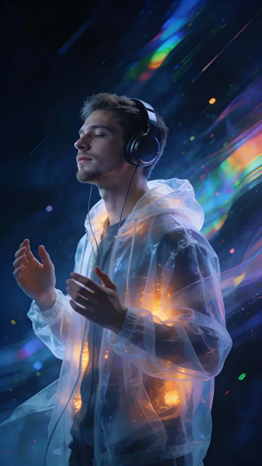 Young man in abstract rainbow space