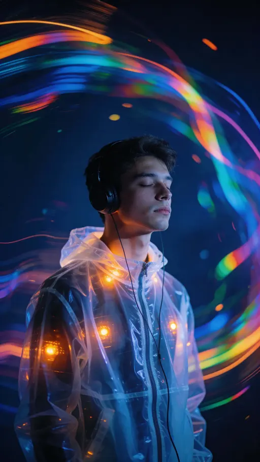 Young man in neon music portrait