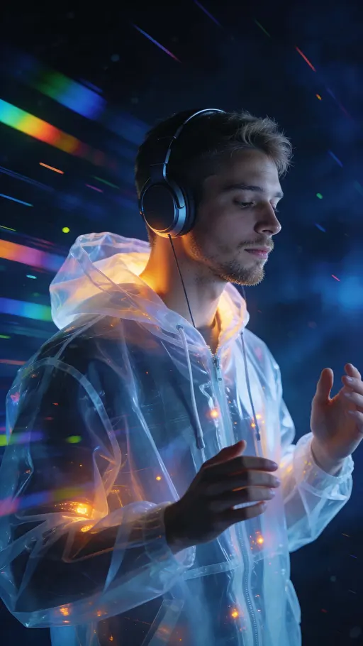 Young man listening in abstract space