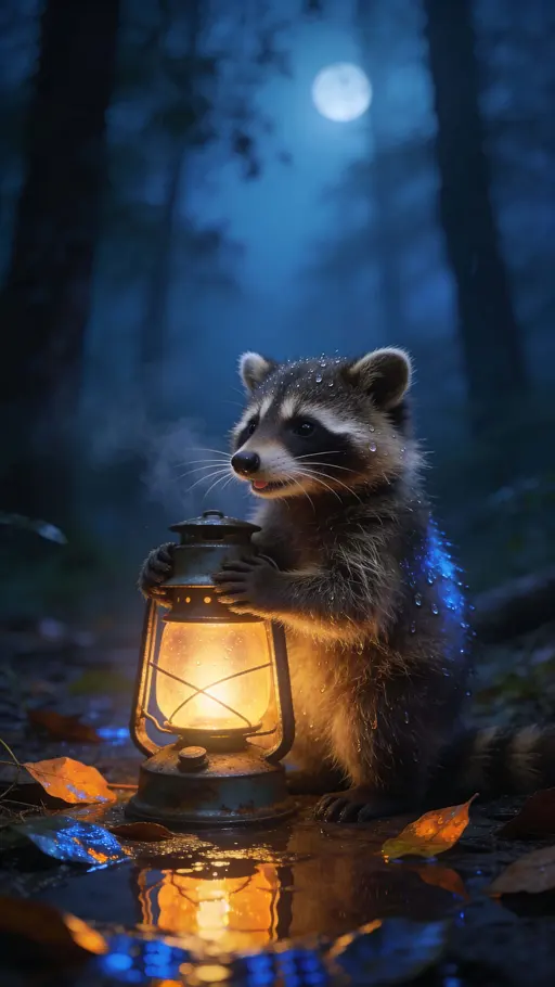 Young Raccoon with Lantern, photoreal calm