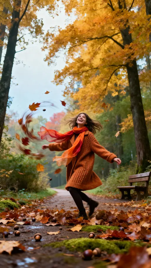Young woman twirling in forest