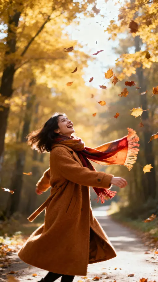 Young woman twirling in forest